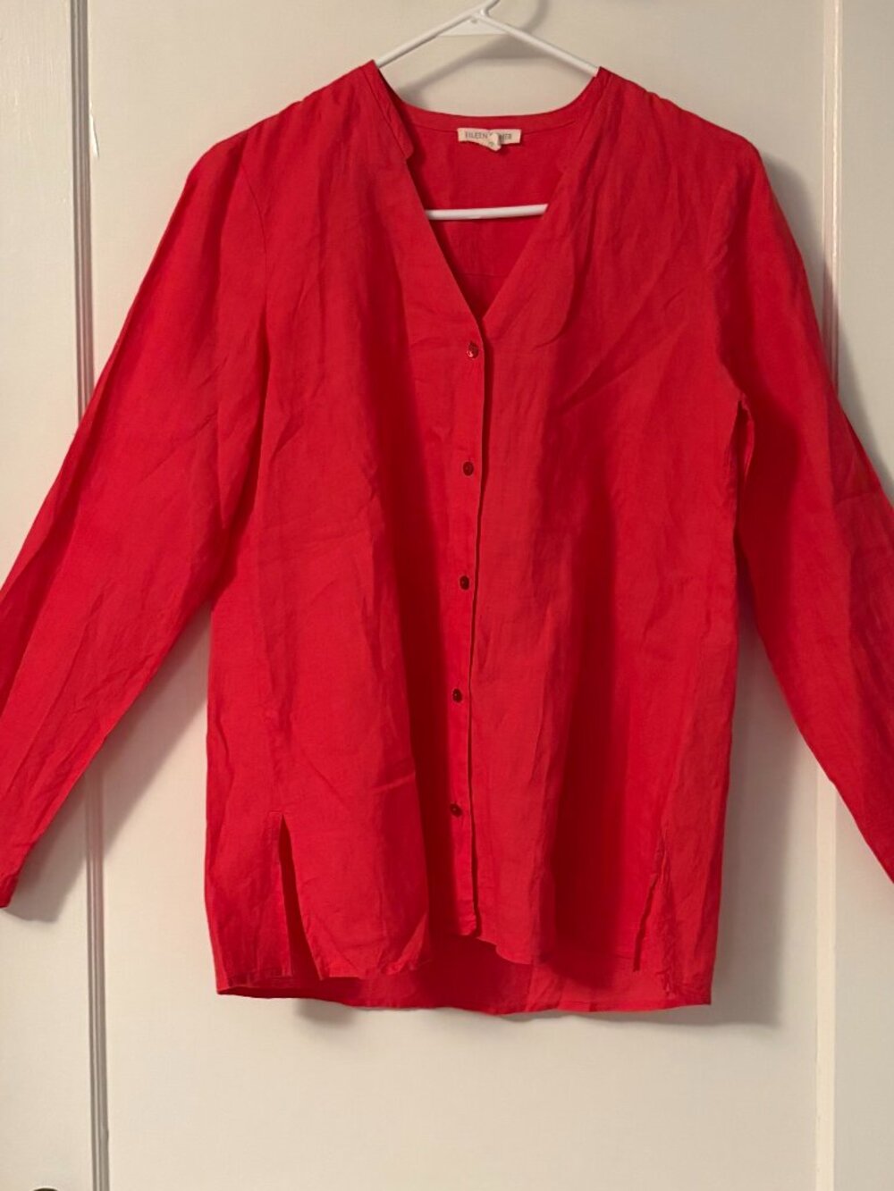 Eileen Fisher 100% irish linen red full button tunic top size XS lagenlook